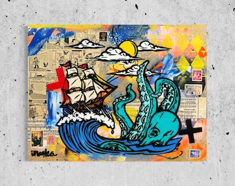 Pirate Ship and Kraken Original Painting Street Art Vintage One of A Kind