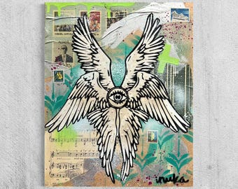 Ethereal Biblical Angel Original Painting Street Art Vintage Art Deco One of A Kind