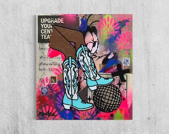 Disco Cowgirl Boots Original Painting Street Art Vintage Art Deco One of A Kind