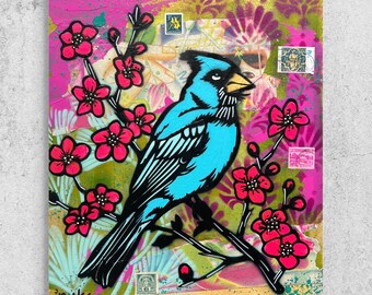 Cherry Blossom Bird Original Painting Street Art Vintage Art Deco One of A Kind