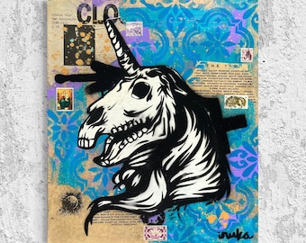 Unicorn Skull Original Painting Street Art Vintage Art Deco One of A Kind