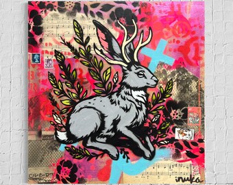 Jackalope Jack Rabbit Hare Original Painting Street Art Vintage Art Deco One of A Kind