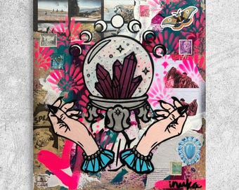 Mystic Fortune Teller Painting: Crystal Ball, Collage Art Deco on Wood