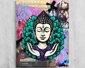 Buddha Flower Portrait Original Painting Street Art Vintage Art Deco One of A Kind