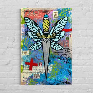 May include: Mixed media artwork featuring a dagger with light blue butterfly wings. The dagger's handle is yellow and blue. The background is a collage of colours, stamps, and text, including a red cross.