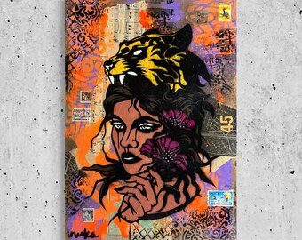 Leopard Warrior Woman Original Painting Street Art Vintage Art Deco One of A Kind