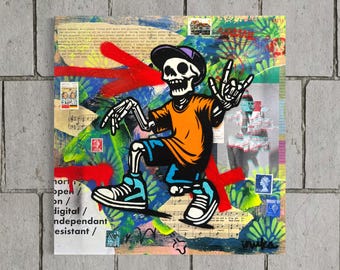 Skeleton Skater Dude Original Painting Street Art Vintage Art Deco One of A Kind