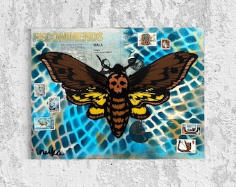 Death Hawk Moth Original Painting Street Art Vintage Art Deco One of A Kind