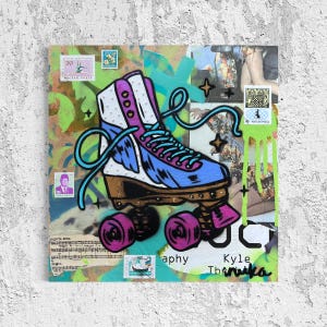 Sparkly Retro Roller Skates Original Painting Street Art Vintage Art Deco One of A Kind