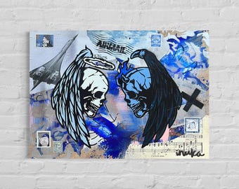 Devil vs Angel Skulls Original Painting Street Art Vintage Art Deco One of A Kind