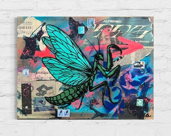 Shiny Praying Mantis Original Painting Street Art Vintage Art Deco One of A Kind