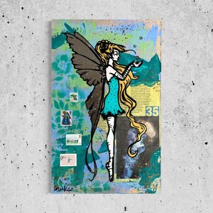 May include: Mixed media artwork depicting a fairy with dark wings and blonde hair, wearing a turquoise dress. The background is a collage of colours, textures, and vintage stamps. The number 35 is visible.