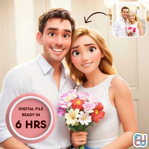 Portrait de mariage style Pixar, portrait de mariage dessin animé personnalisé, illustration numérique personnalisée de mariage, portrait de couple inspiré de Pixar
