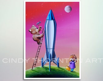5x7 Fine Art Pearlescent Print - The Moon Mission - girl builds a rocket ship - Cindy Thornton Art