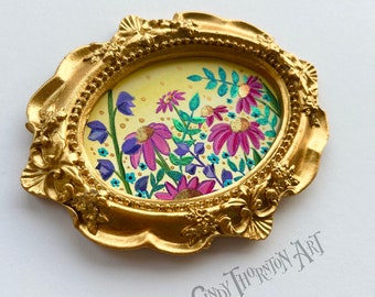 Original Wild Flowers Mini Painting - Color Shift Metallic Watercolor and Acrylic on Paper - Framed