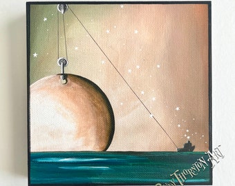 Clearance - Cradled Wood Panel - Tugboat Pulling The Moon - Solar System - 6" painted wood - by Cindy Thornton