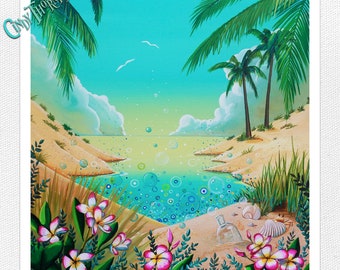 8x8 Signed Fine Art Matte Print -  Beach Palms, Bubbles, and Plumerias - Cindy Thornton Art