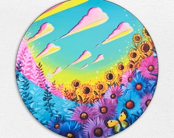 Mouse Pad Whimsical Flower Landscape - 8 inch diameter - Cindy Thornton Art