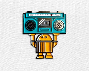 Limited Edition Robot Enamel Metal Pin - Say Anything Boombox Bot - by Cindy Thornton