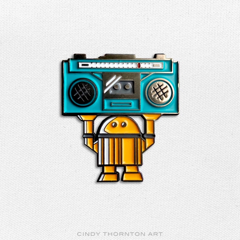 Limited Edition Robot Enamel Metal Pin Say Anything Boombox Bot by Cindy Thornton image 1