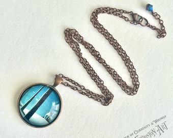 Clearance - Necklace - Art Under Glass - Snowy Winter House - Copper-tone 26" Chain