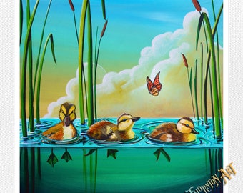 8x8 Signed Fine Art Matte Print -  3 Little Ducks on the Pond and One Butterfly Cindy Thornton Art