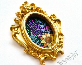 Original Oval Night Garden Mini Painting - Color Shift Metallic Watercolor and Acrylic on Black Paper - Framed