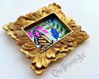 Original Monarch Butterfly Mini Painting - Color Shift Metallic Watercolor and Acrylic on Paper - Framed