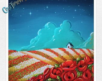 8x8 Signed Fine Art Matte Print - Patriotic Field of Poppies with Little House Under Night Sky - Cindy Thornton Art