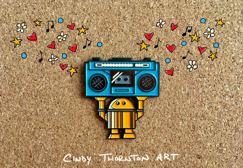Limited Edition Robot Enamel Metal Pin Say Anything Boombox Bot by Cindy Thornton image 7