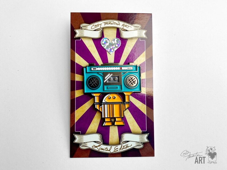 Limited Edition Robot Enamel Metal Pin Say Anything Boombox Bot by Cindy Thornton image 3
