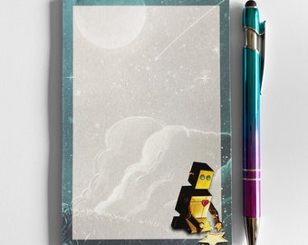 4x6 Notepad w/ Blue Purple Ombre Pen - Wishing Star Robot - 50 Sheets