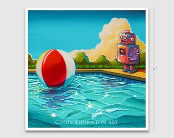 Limited Edition Robot & Beach Ball Pool Print - THE BEACH BALL - Cindy Thornton Art