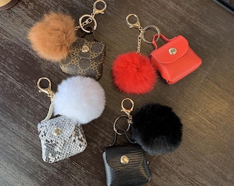 Mini Faux Leather Coin Purse Keychain: Fluffy Pom Pom Bag Charm