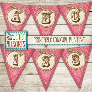 Cowgirl Vintage Bandana Banner Imprimible - Banderines digitales del alfabeto vaquero, Decoración imprimible de la fiesta occidental, Kit de cartas de escribano vaquero de rodeo