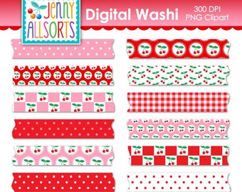 Rosa Kirschen Washi Tape Digital Clip Art Grafik Download, Clipart Digital Washi Tape Scrapbook Versorgung, rosa & rote Kirsche Planner Stickers