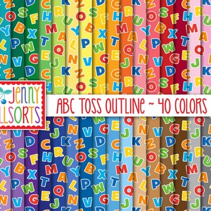 May include: A set of 40 colourful digital paper patterns featuring a random arrangement of letters of the alphabet. Each pattern is 12 inches by 12 inches and 300 DPI. The text "Jenny Allsorts ABC Toss Outline - 40 Colors 12 x 12 300 DPI" is at the top of the image.