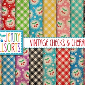 Vintage Checks & Cherries Digital Scrapbooking Paper Pack - Vintage Gingham Patterns, Worn Texture Cherry Backgrounds, Bias Digital Gingham
