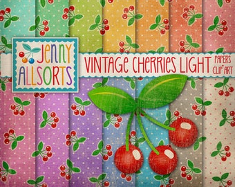 Vintage Cherries Light Digital Design Papers + Cherries Clipart, Worn Fabric Texture, cute retro cherry background, cottage farmhouse papers