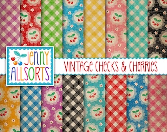 Vintage Checks & Cherries Digital Scrapbooking Paper Pack - Vintage Gingham Patterns, Worn Texture Cherry Backgrounds, Bias Digital Gingham