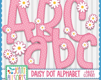 Pink Daisy Dot Digital Alphabet for sublimation & design, upper + lower case digital letter clipart, scrapbook clip art, cute doodle letters