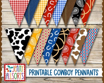 Printable Cowboy Pennant Bunting - 16 western pattern garland flags, gingham paisley cowhide horseshoe banner, cowboy party or nursery decor