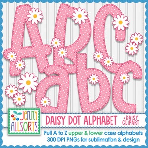 Pink Daisy Dot, digitales Alphabet für Sublimation & Design, digitale Groß- und Kleinbuchstaben Clipart, Scrapbook ClipArt, niedliche Gekritzelbuchstaben