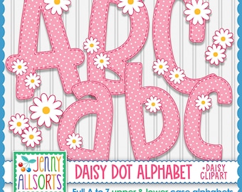 Pink Daisy Dot Digital Alphabet for sublimation & design, upper + lower case digital letter clipart, scrapbook clip art, cute doodle letters