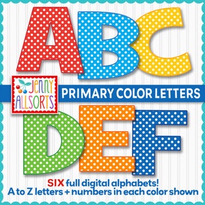 Paquete de 6 letras del alfabeto en colores primarios para sublimación y diseño, 6 alfabetos completos, lindas letras para descargar digitalmente, letras para álbumes de recortes o tablones de anuncios