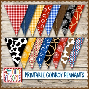 Bandierine da cowboy stampabili - 16 bandierine con motivo western, striscione a ferro di cavallo in pelle di mucca con motivo paisley a quadretti, decorazioni per feste da cowboy o per la cameretta dei bambini