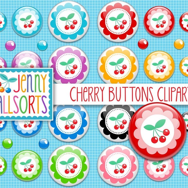 Cherry Buttons Digital Clip Art - Shiny clipart badges with cherries in scallop circles, elements for scrapbooks invites and digital designs