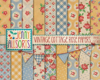Vintage Cottage Rose Digital Paper Set + Clipart - 18 farmhouse cottage wallpaper patterns, faded worn shabby chic roses background designs