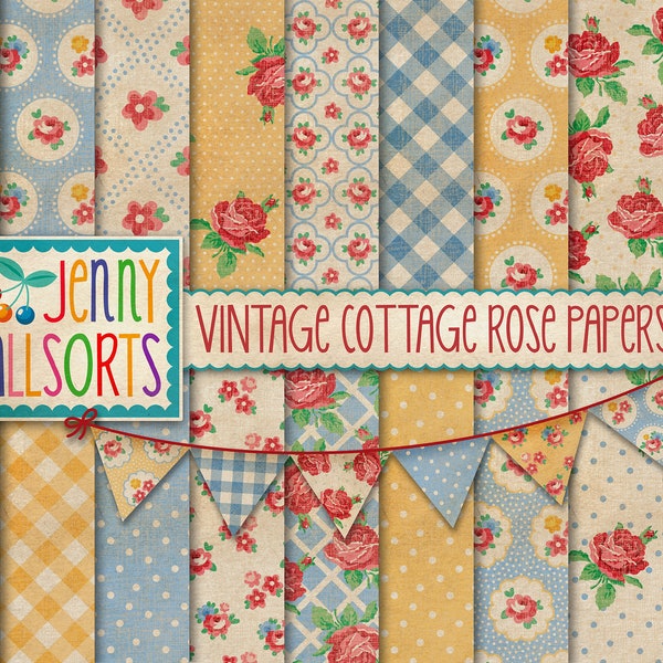 Vintage Cottage Rose Digital Paper Set + Clipart - 18 farmhouse cottage wallpaper patterns, faded worn shabby chic roses background designs