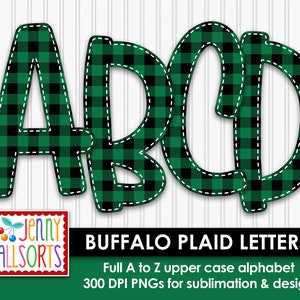 Alfabeto de cuadros escoceses de búfalo para sublimación y diseño, clipart digital de cuadros escoceses de búfalo, clip art de álbum de recortes de cabaña boscosa verde y negra, letras garabateadas